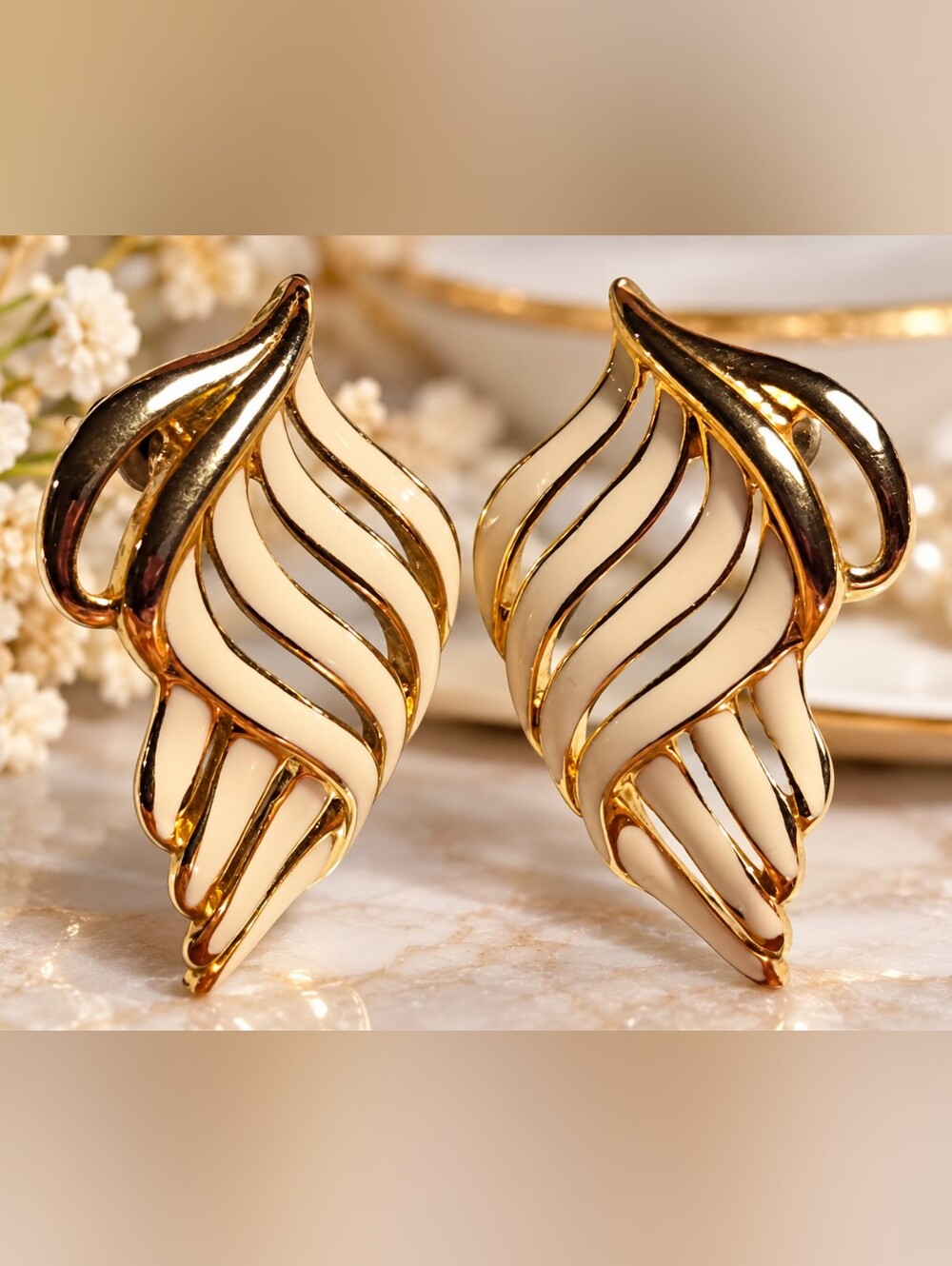Vintage Signed Trifari Cream Enamel & Gold-Tone Sculptural Statement Earrings